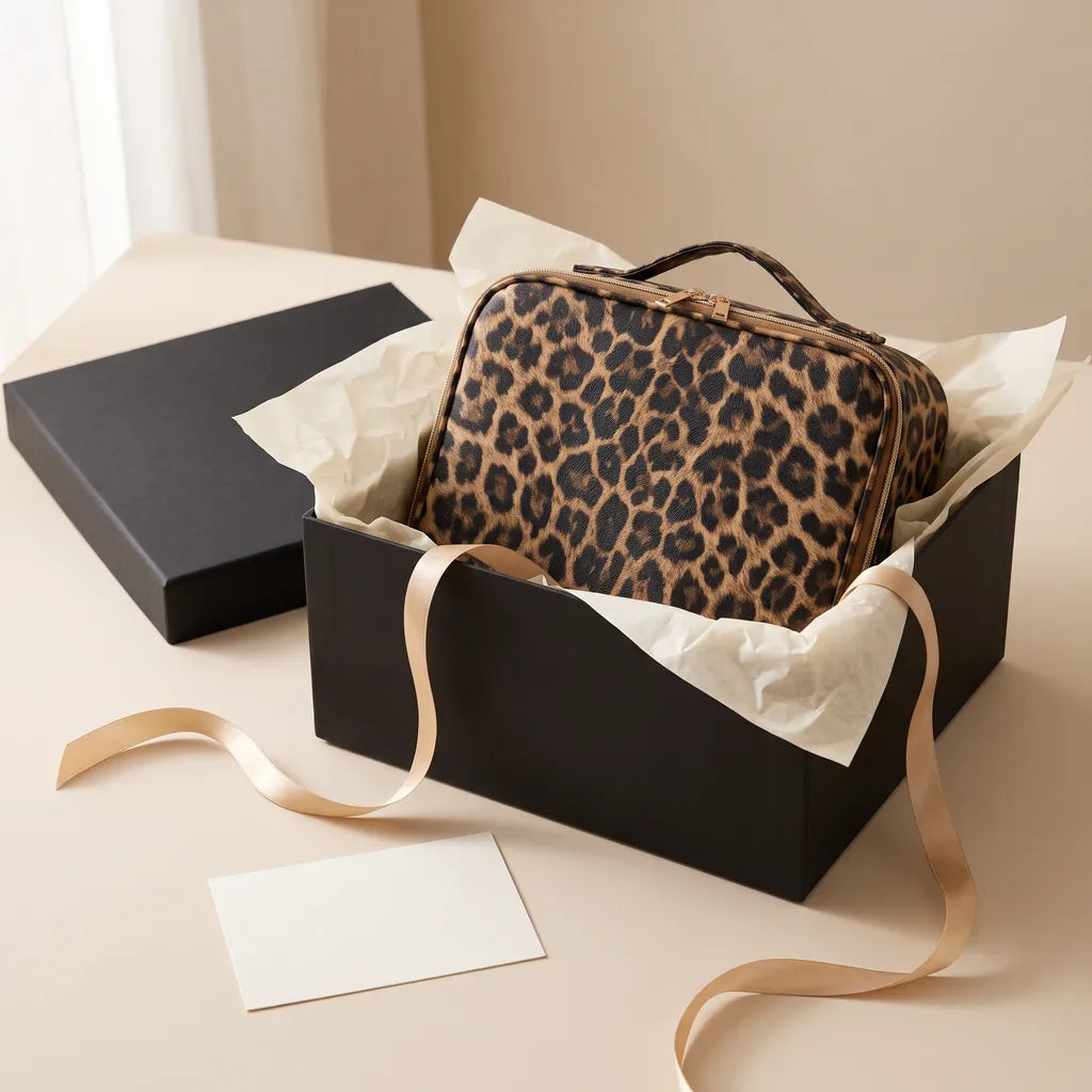 The case in a black gift box with a satin ribbon