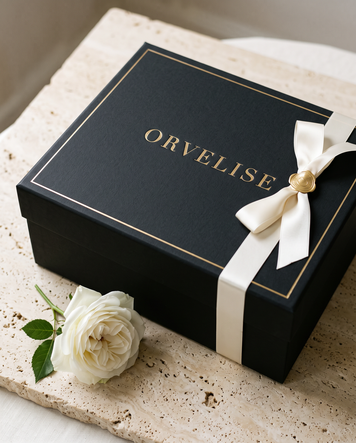 The black Orvelise gift box with gold foil wordmark, tied with an ivory satin ribbon