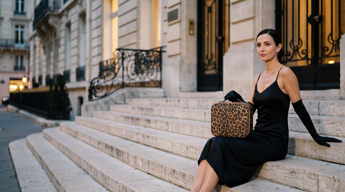 A woman in a black satin dress sits on Parisian stone steps at dusk with the compact leopard Mirror case on her lap
