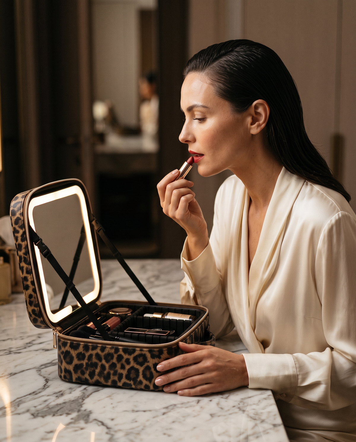A woman applies red lipstick beside the open leopard Mirror case with its lit mirror