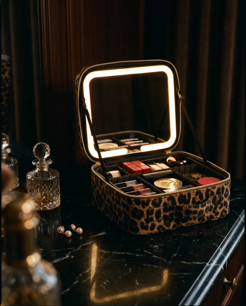 The Mirror case open on a black marble vanity, its mirror glowing